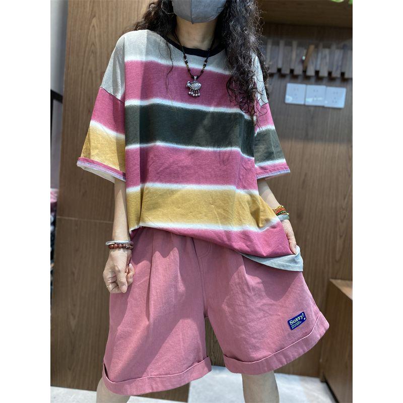 

Stripes Summer Loose Plus Size Chubby Girl Half Sleeve T-Shirt Vermicelli All yards
