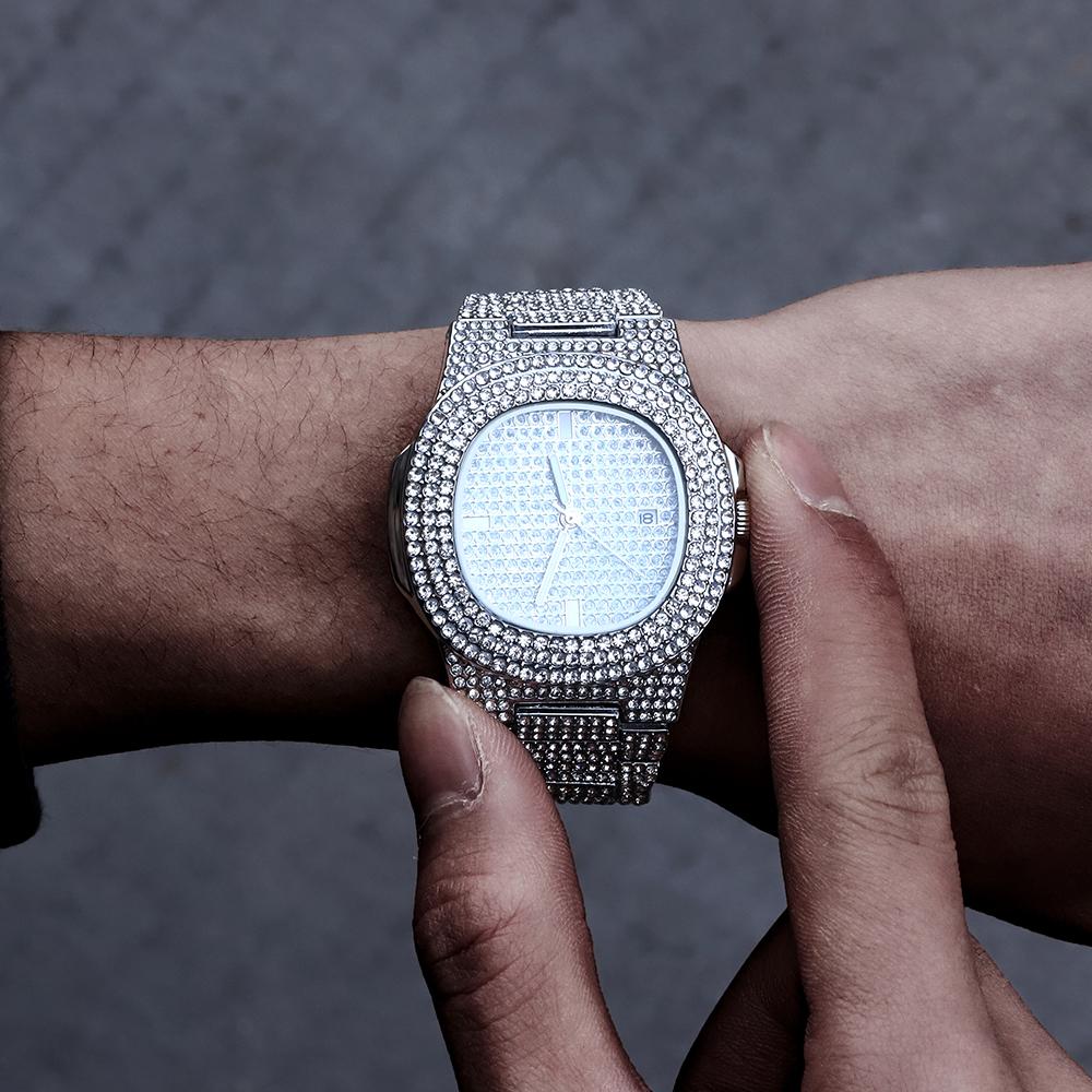 3pcs Copper Watch Jewelry Set Iced Out Cube Sugar Chain+Bracelet With Stylish Inlay Diamond Watch For Men Women Trend Party Gift