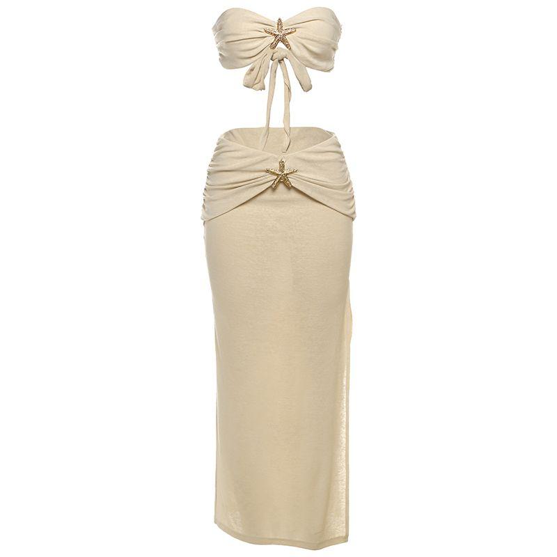 

# Sisjuly# Tyland Holiday Style XINGX Embellished Sexy Wrap-around Low Waist Slimming Skirt Two-piece Set Women Khaki S