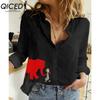 QICED Women's Fashion Casual Red Elephant Print  Long Sleeve POLO Neck Blouses & Shirts