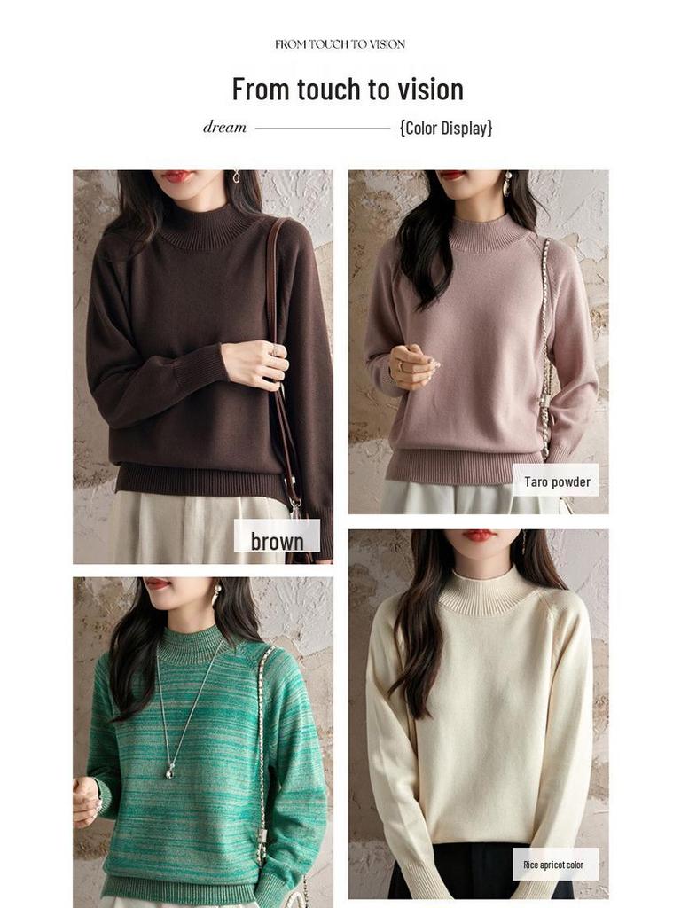 Pulover Gros de Bumbac pentru Femei Toamnă/Iarnă 2025: Cămașă Tricotată Caldă pentru Navetă, Guler Semi-Înalt, Croială Largă