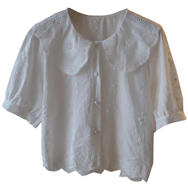 2025 Summer Korean Style Peter Pan Collar Jacquard Puff Sleeve Women's Shirt