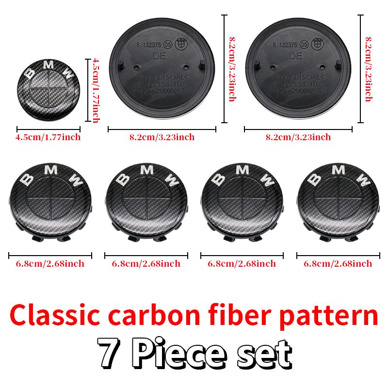 For BMW E46 82mm Hood F10 74mm Trunk Emblem 7Pcs Full Black Carbon Fiber Badge Set E90 68mm Wheel F30 Steering G20 X5 M4 Auto