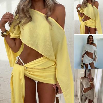2Pcs/Set Summer Casual Suit Sloping Shoulder Long Sleeve Tops High Waist Lace-up Mini