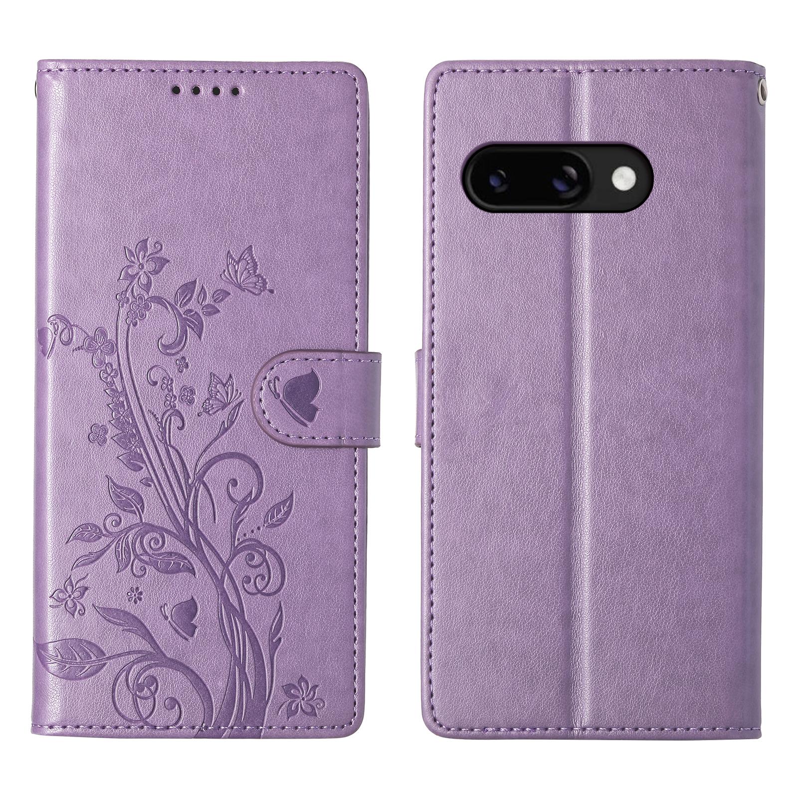 

For Google Pixel 9a Wallet Case Butterfly Floral Imprint PU Leather Phone Cover with Wrist Strap Purple