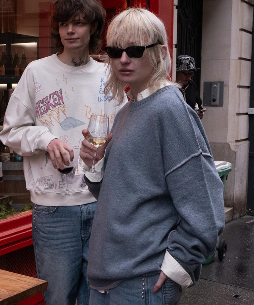 Weseuken [Unisex] Layered Stitched Crew Neck Knit (Ash Blue)