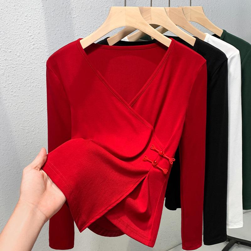 Solid Color Long-sleeved V-neck Cotton T-shirt for Women's New Autumn Thin Inner Bottoming Shirt Irregular Design Top