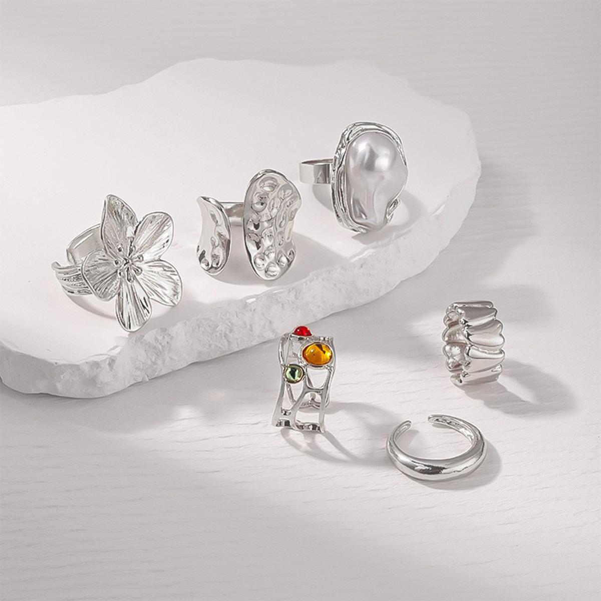 

Набор из 6 колец в стиле панк для женщин, кольцо-цветок с открытым концом, геометрическое нерегулярное кольцо из сплава, для повседневной носки, для вечеринок, изысканный подарок, персонализированное кольцо