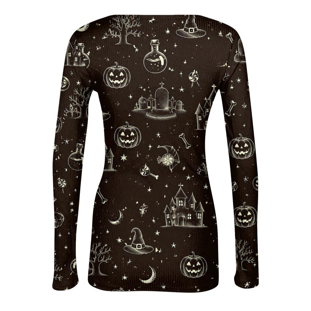 Women Halloween Print Long Sleeve Slim Fit Crew Neck Base Layer T Shirt Casual Stretchy Top for Everyday Wear
