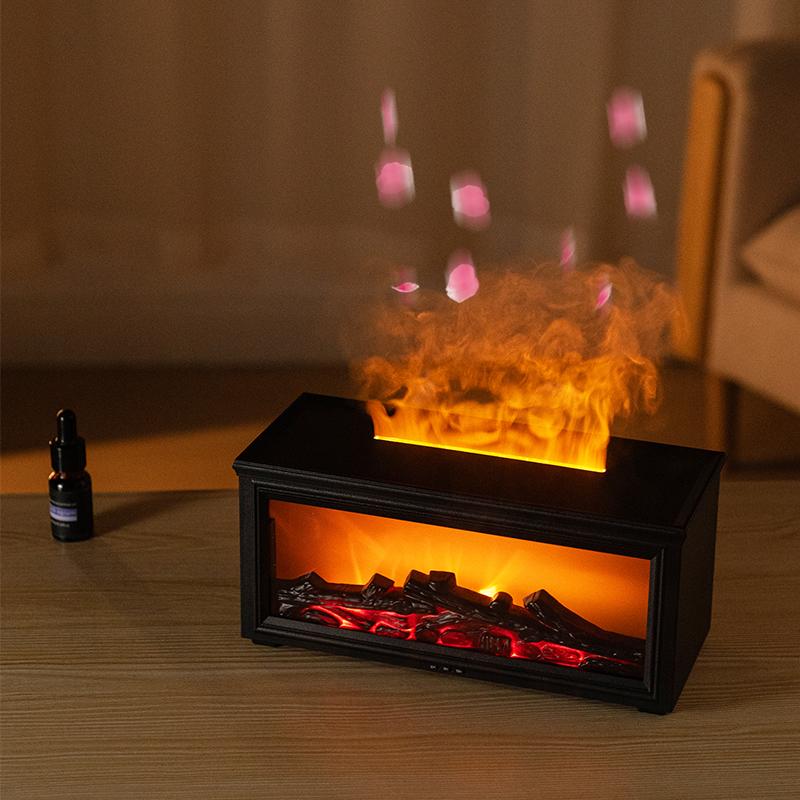 3D Flame Aroma Diffuser Humidifier HY05 With Color Lights Remote Control Timer Essential Oil Fireplace Mist Maker