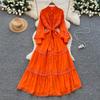 Retro court style lantern sleeve dress women's summer hollow crochet single-breasted light mature temperament royal sister long skirt