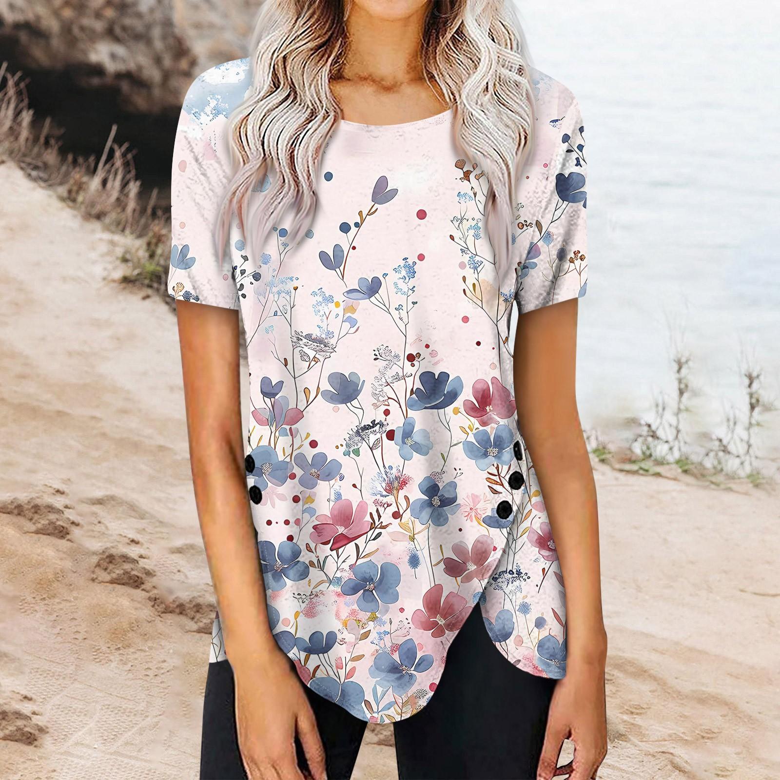 

Женский летний топ с коротким рукавом и круглым вырезом, с принтом на пуговицах сбоку XXL розовый