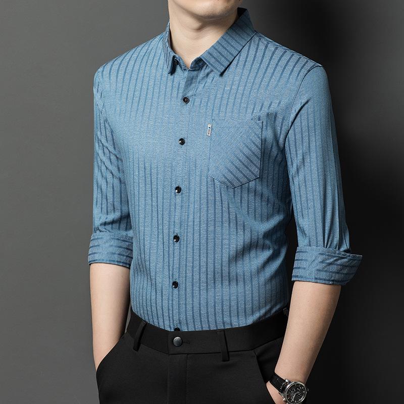 

2025 Мужская роскошная рубашка из шелка тутового дерева и льна в полоску с длинным рукавом в стиле business casual 2XL