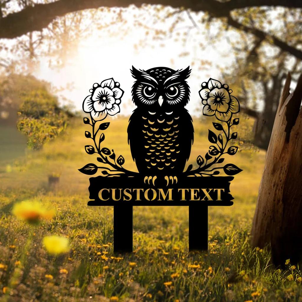 Metal Garden Decor Owl Flower Sign, Personalized Yard Art Outdoor Gift for Mom, Rustproof Metal Stake