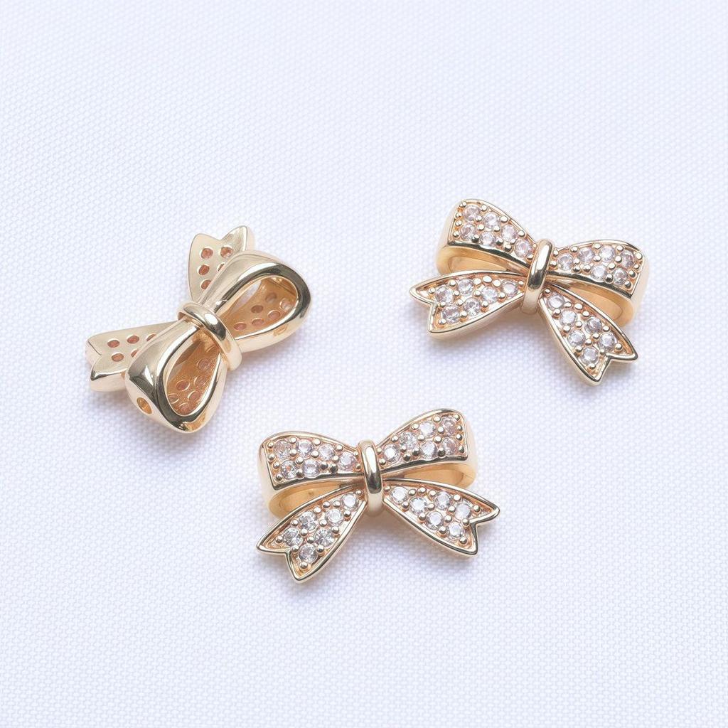 14K Gold Plated Zircon Spacer Beads, Bow Tie, Through Hole, Loose Beads for DIY Handmade Bracelets