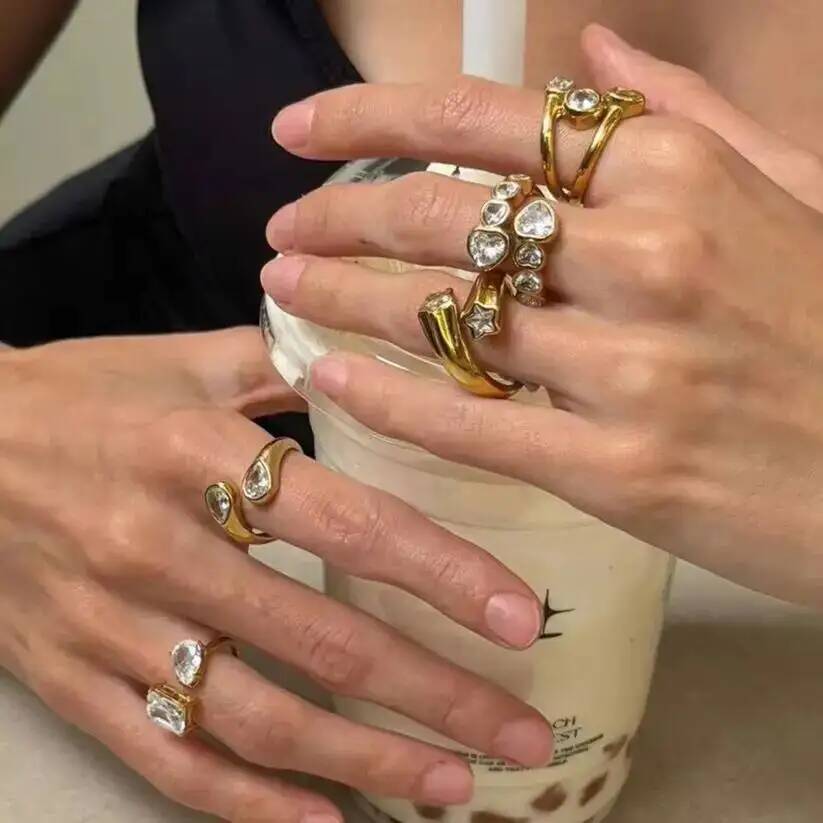 Salircon 5 Styles Exquisite Luxury Stainless Steel Zircon PVD18K Gold Color Plated Open Rings Women Fashion Jewelry Waterproof