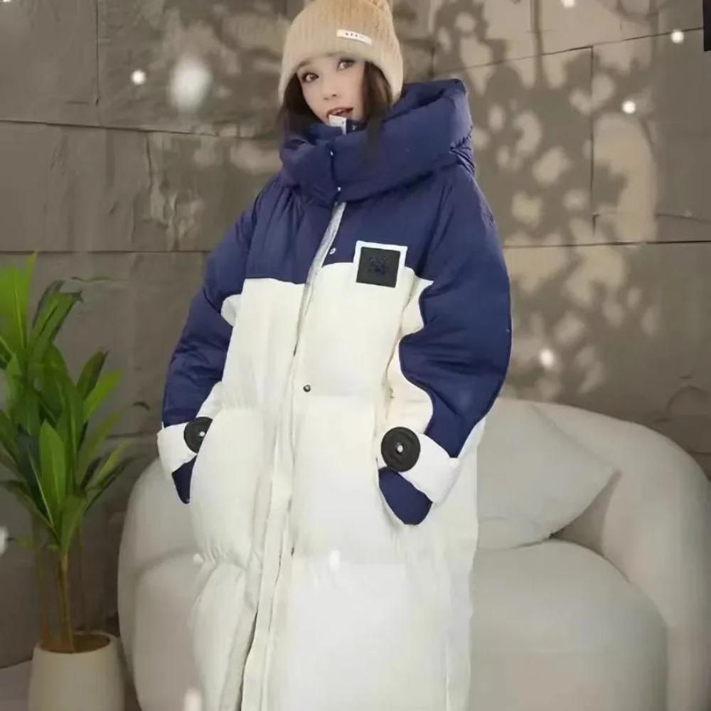 Winter Contrast Color Down Cotton-padded Jacket Women Overcoat Long Bread Clothing Korean Hooded Loose Thick Warm Parka