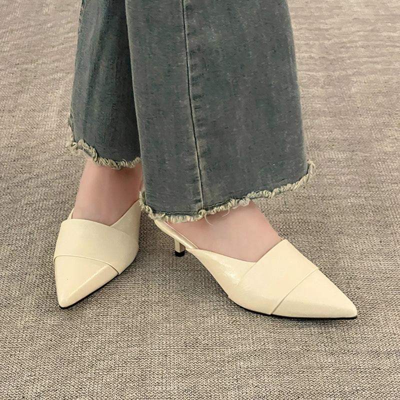 Simple Pointed Head High Heel Bag Head Half Slippers Women's Summer Fashion Versatile Casual Wear Solid Color Thin Heel Cool Slippers Tide