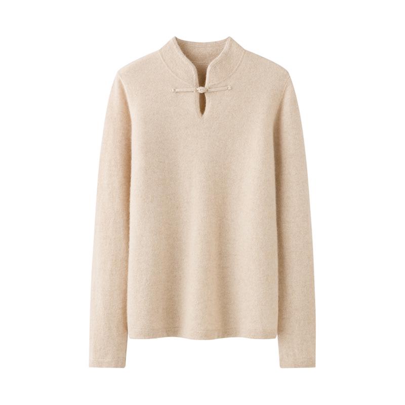 2025 Fall/Winter Women's Cashmere Sweater: Chinese Style Stand Collar with Frog Button, Warm Loose Fit Base Layer.