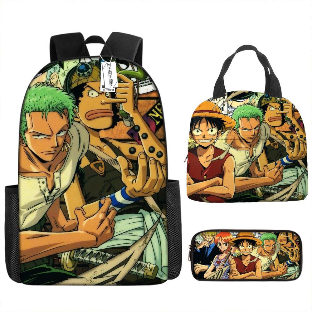 One Piece Luffy Rucksack 3-teiliges Set Schüler Schultasche Anime Rucksack Brotdose Klassisch Große Kapazität Wasserdicht