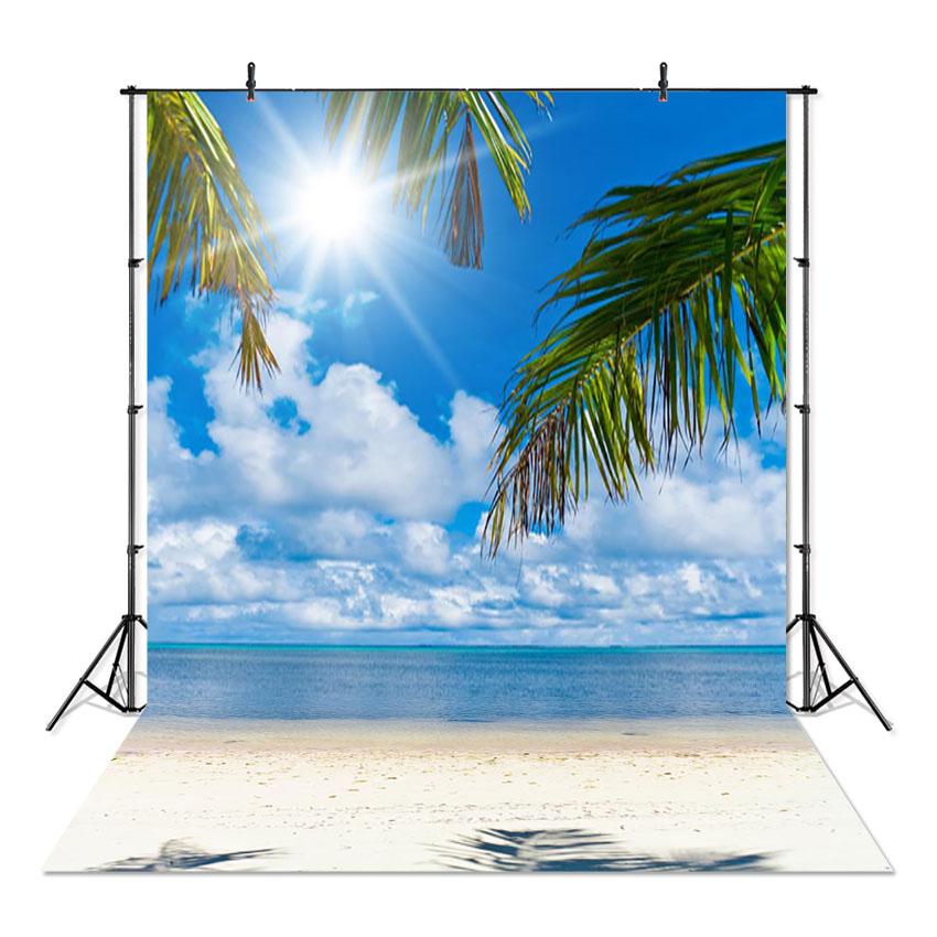 Sea Beach Sand Cloudy Blue Sky Scene Summer Beach Photography Backdrop for Photo Studio Tropical Palms Coconut Tree Background