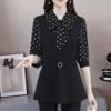 Autumn Women's Fack Two Piece Print Pactchwork Bow Shirt Female Elegant Fashion Long Sleeve Blouse Office Lady Blusa Top