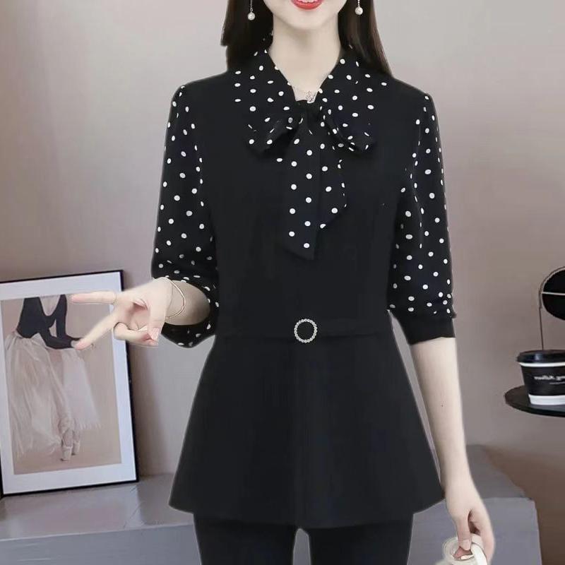 Autumn Women's Fack Two Piece Print Pactchwork Bow Shirt Female Elegant Fashion Long Sleeve Blouse Office Lady Blusa Top