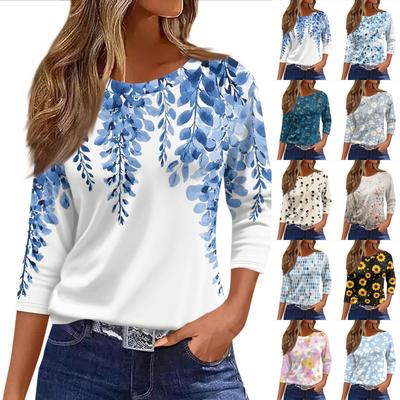 Damtröja med trekvartsärm, Rundhalsad, Lös passform, Vardagströja, T-shirt med blommigt tryck, Sommar