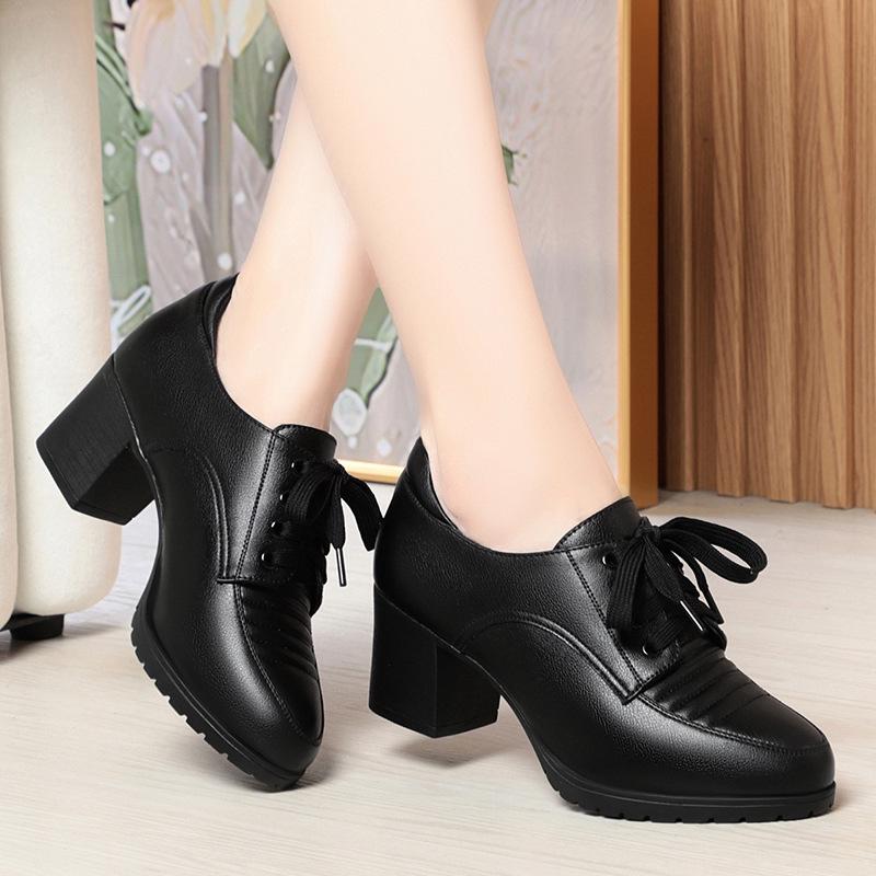 Mode Bequeme Weiche Lederschuhe Damen Plateau Pumps 2024 Frühling Schnürschuhe Block Mittelhohe Absätze Schuhe Oxfords Für Büro Mutter Arbeit