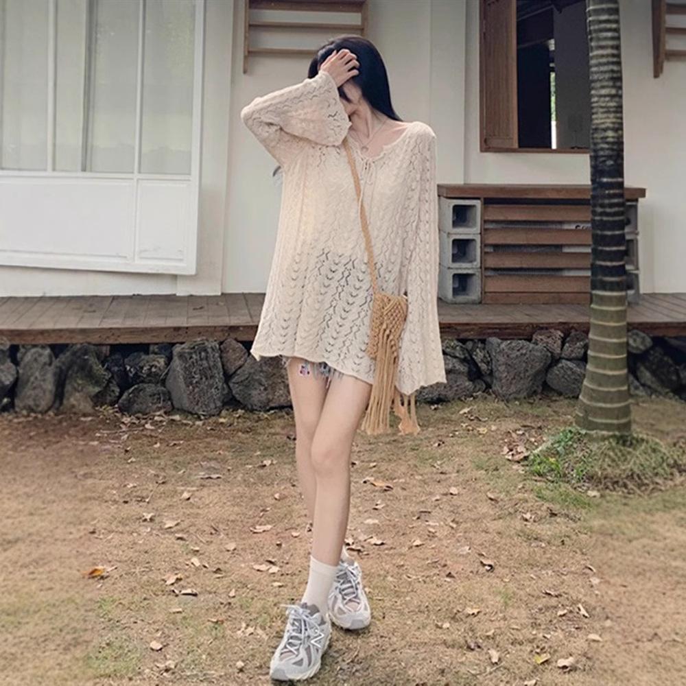 Women's V-neck Hollow Knitted Sweater Top Summer Thin Loose Sun Protection Clothes Flared Sleeves Top