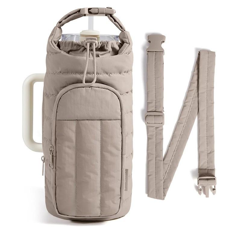 Down Insulated Water Bottle Carrier Portable Large Capacity Crossbody Bag for Outdoor Sports Travel Thermos Holder