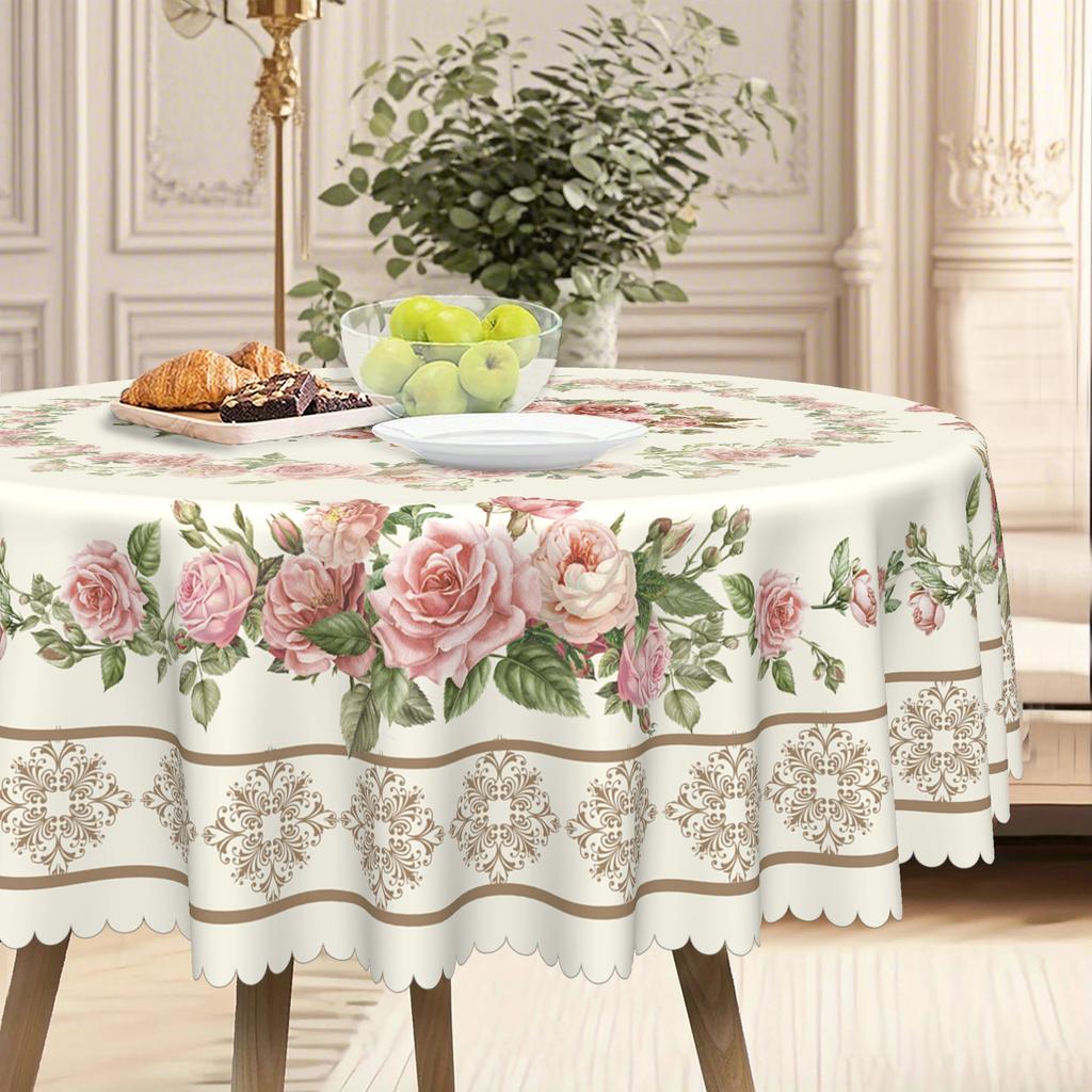 1 Vintage Floral Tablecloth, Elegant Rose Design, European Country Grid Decoration, Round Tablecloth
