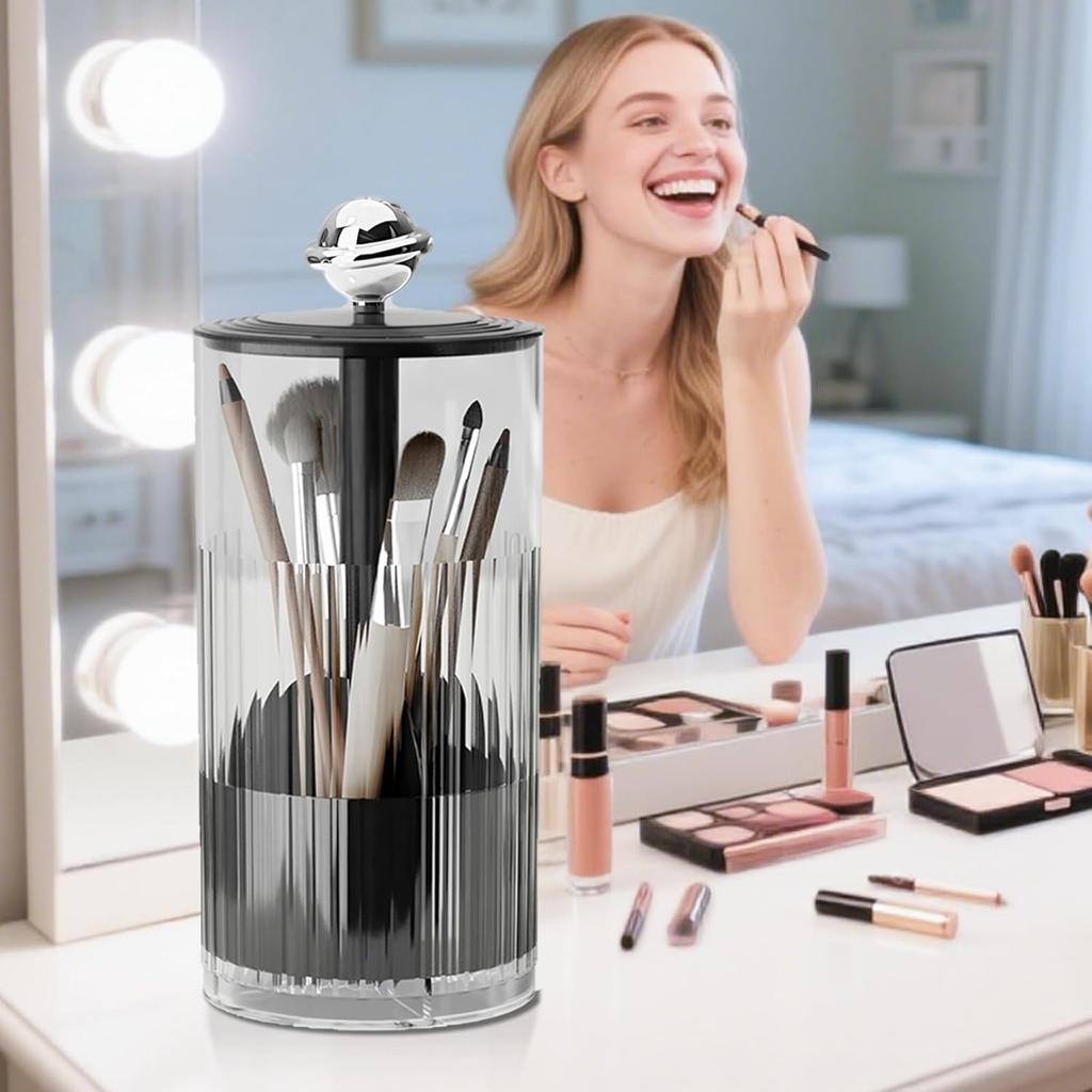 Upgraded Press-Pop Makeup Brush Holder One-Touch Open Dustproof Organizer With Clear Lid For Vanity Desktop Bathroom 2 Colors