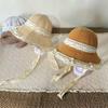 Women Beach Hat Large Eaves UV Blocking Foldable Portable Handmade Straw Hollow Sun Protection Hat with Lace Ties