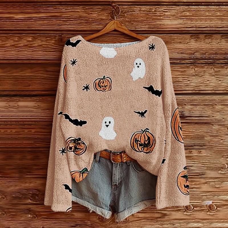 Womens Loose Long Sleeve Knit Sweater 3D Print Halloween Casual Top