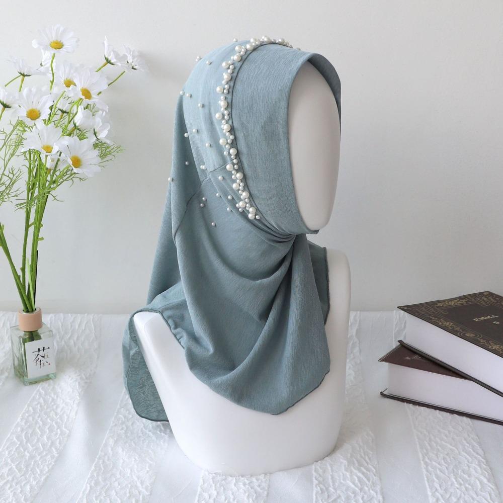Elastic Fit Beaded Hijab Scarf Pearl Beaded Trim Muslim Headscarf Women Turban Cap Muslim Women