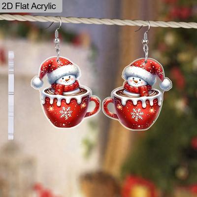 2D Flat 1Pair Christmas Festival Acrylic Cartoon Christmas Snowman Coffee Cup Pattern Earring Christmas Jewelry for Women Female