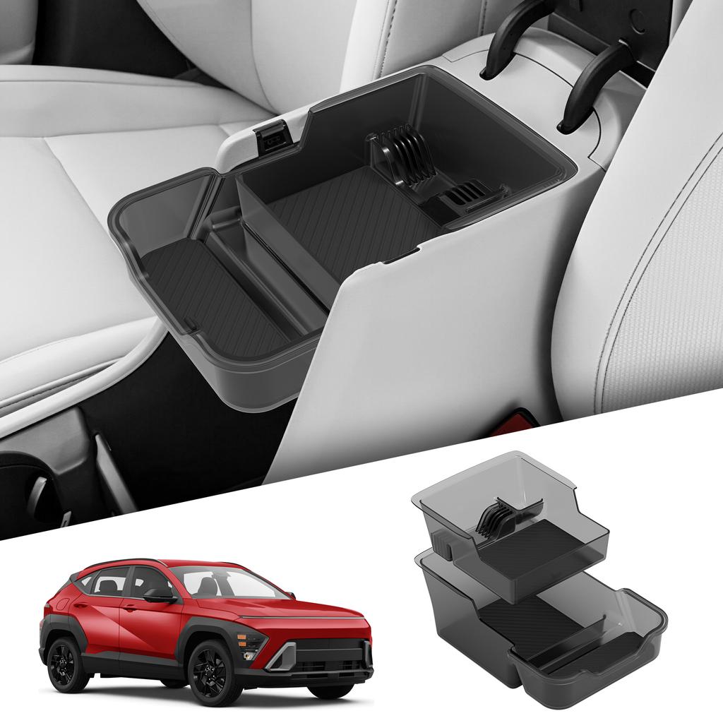 Smabee for Hyundai KONA 2025 Double Layer Center Console Armrest Storage Box Transparent Black Organizer Tray Accessories