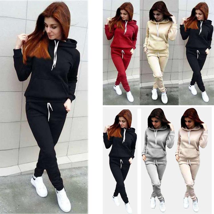 Women's European & American Casual Autumn/Winter Plus Velvet Hoodie & Sweatpants Set
