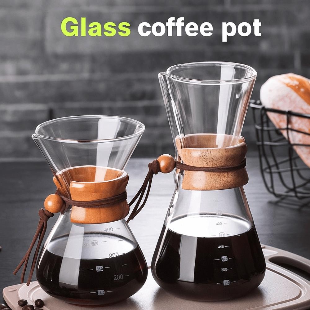 Filterkanne Edelstahl Kaffeekanne Glas mit Filter Teekessel Holzgriff Hitzebeständig Kaffeegeschirr Zuhause