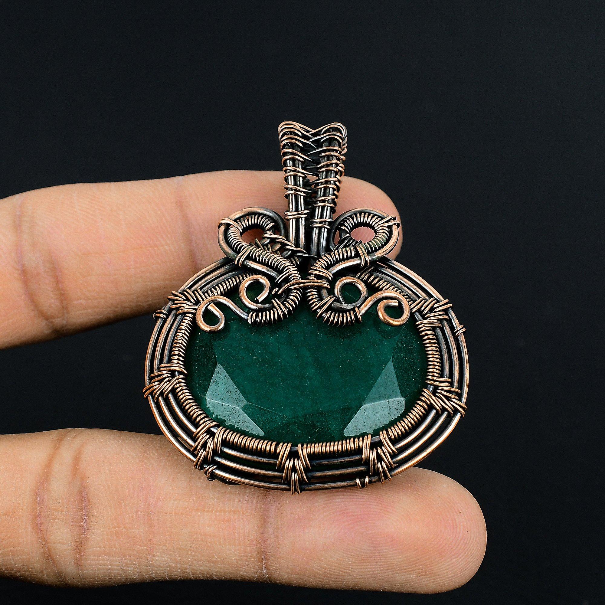 

Emerald Pendant, Handmade Gemstone 999 Copper Wire Wrapped Pendant Antique Jewelry, For Gift Silver Jewelry 2.55 Inches