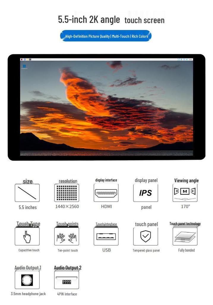 Micro-Snow 5.5" IPS HD 2K Capacitive Touchscreen HDMI Interface for Raspberry Pi.