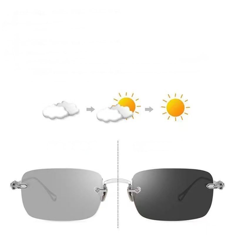 Korean Rimless Photochromic Sunglasses with Polarized Lenses and UV Protection [88flix] Color-Changing (Silver)