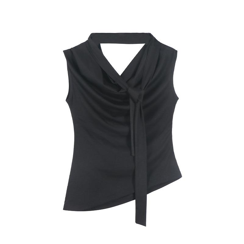 

Футболка с коротким рукавом из тенселя с дизайнерской лентой и открытыми плечами L чёрный