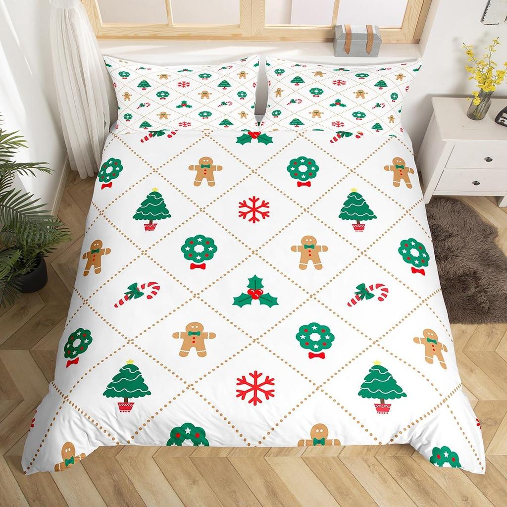 Gingerbread Man Xmas Theme Duvet Cover Christmas Comforter Cover Cartoon Snowman Christmas Tree Bedding Set Pink Quilt Cover