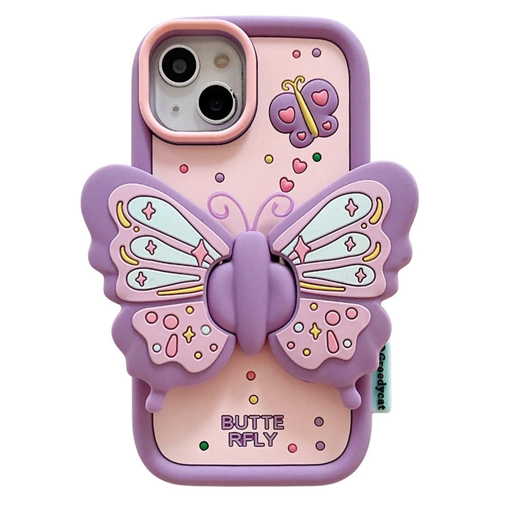 For iPhone 15 Silicone Case Cute Butterfly Kickstand Design Shockproof Phone Back Cover