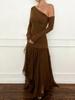 Retro One-Shoulder Mesh Patchwork Maxi Dress - Elegant Solid Color Slim Fit