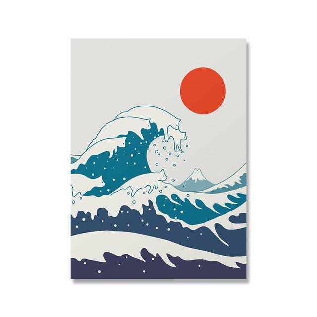Abstract Animal Cat Landscape Wall Art Poster and Printing Big Wave Canvas Painting Mountain Sun Picture