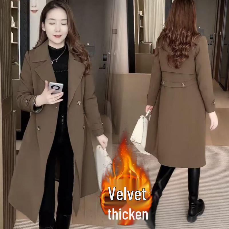 Women's Fleece-Lined Mid-Length Windbreaker - 2025 Autumn/Winter Korean Style Suit Collar Coat
