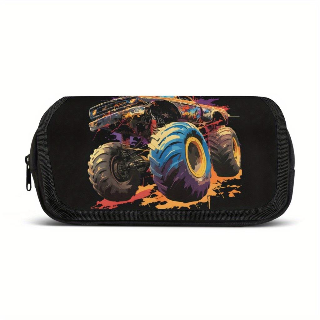 Packing Organizers 1pc Double Layer Flip Pencil Case - Colorful Truck, Large Capacity, Portable Polyester Pen Storage Bag with Zipper Closure, Ideal F